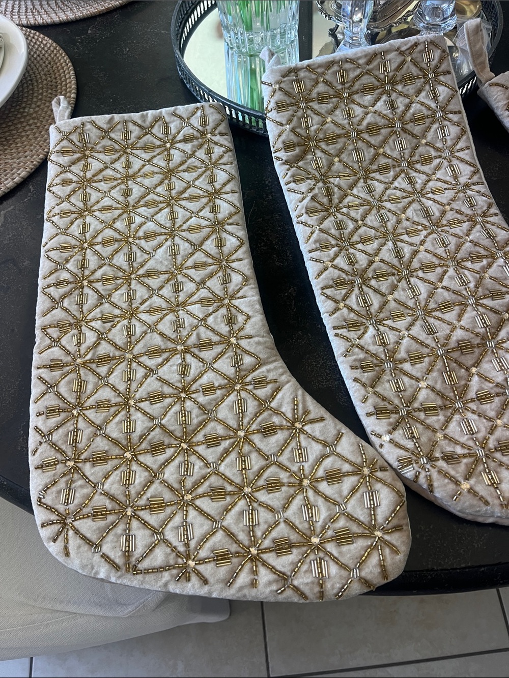 4 Luxurious Christian Siriano NY beaded beige & gold velvet Christmas stockings